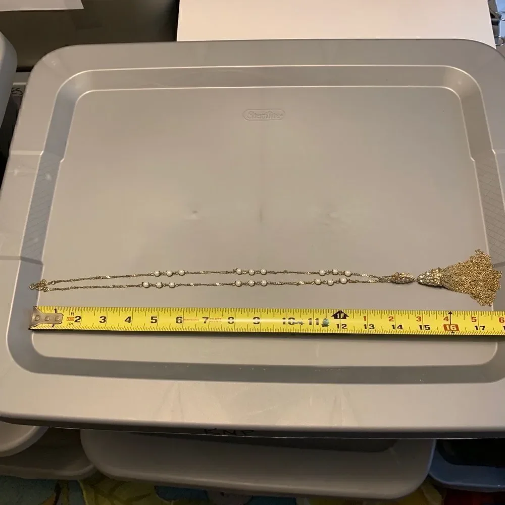 Gold and Pearl Long Tassel Necklace